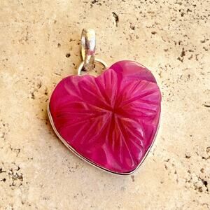 Carved Ruby Heart Clover Pendant 925 Silver Overlay